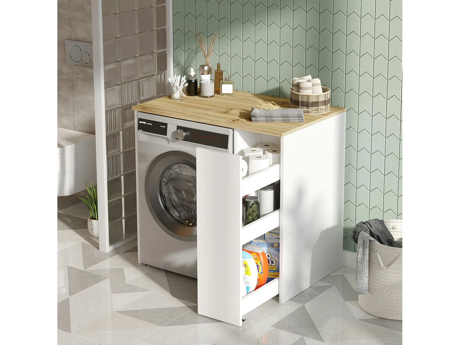 Meuble pour lave-linge 1 tiroir, blanc & bois clair MARFA