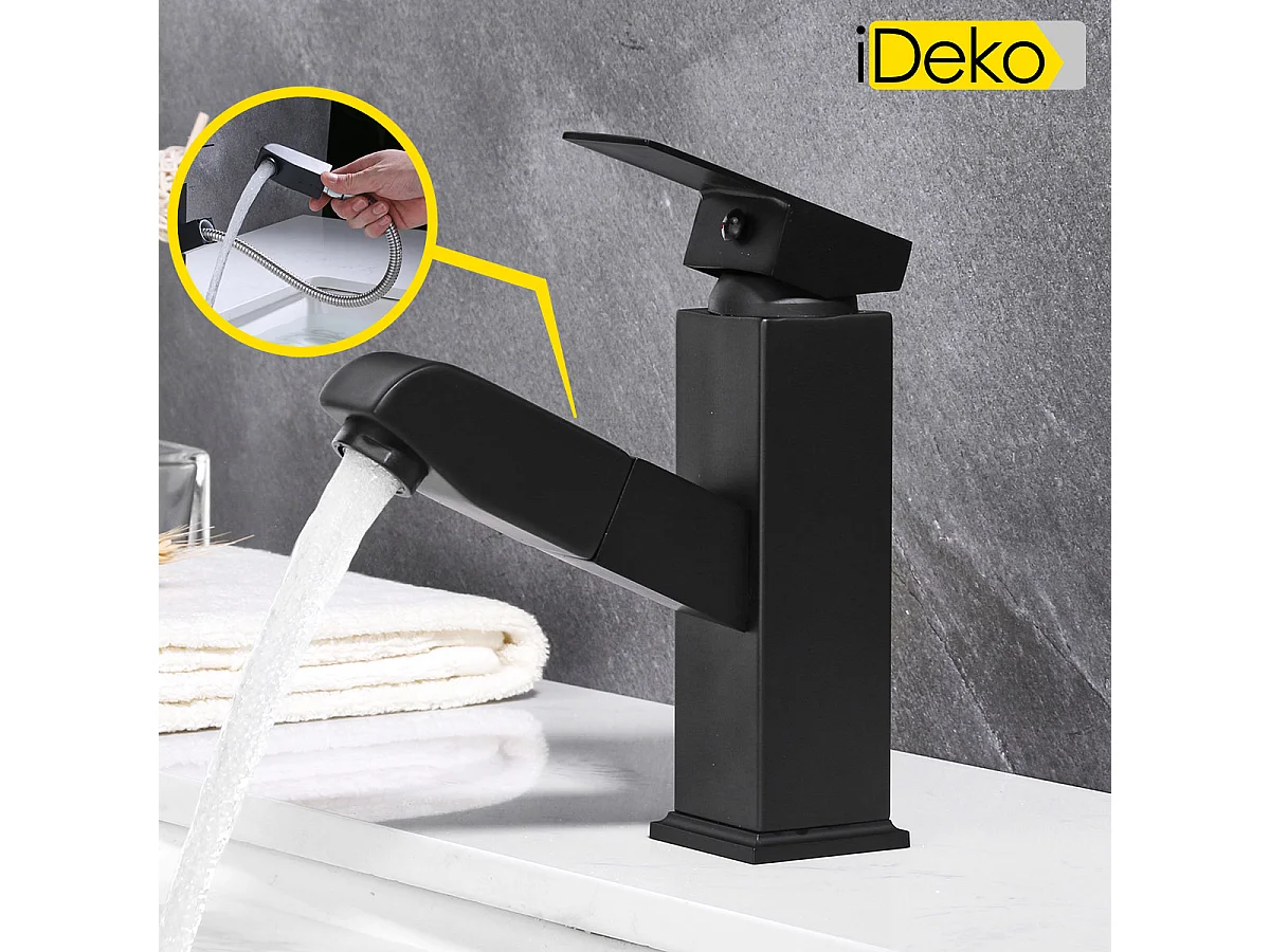 Robinet salle de bain de lavabo avec douchette extractible, norme familiale, noir