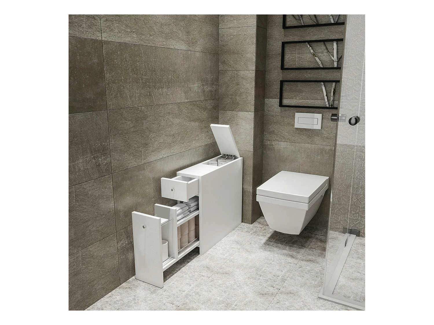 Meuble WC blanc, 2 tiroirs rangement 1 porte MARFA