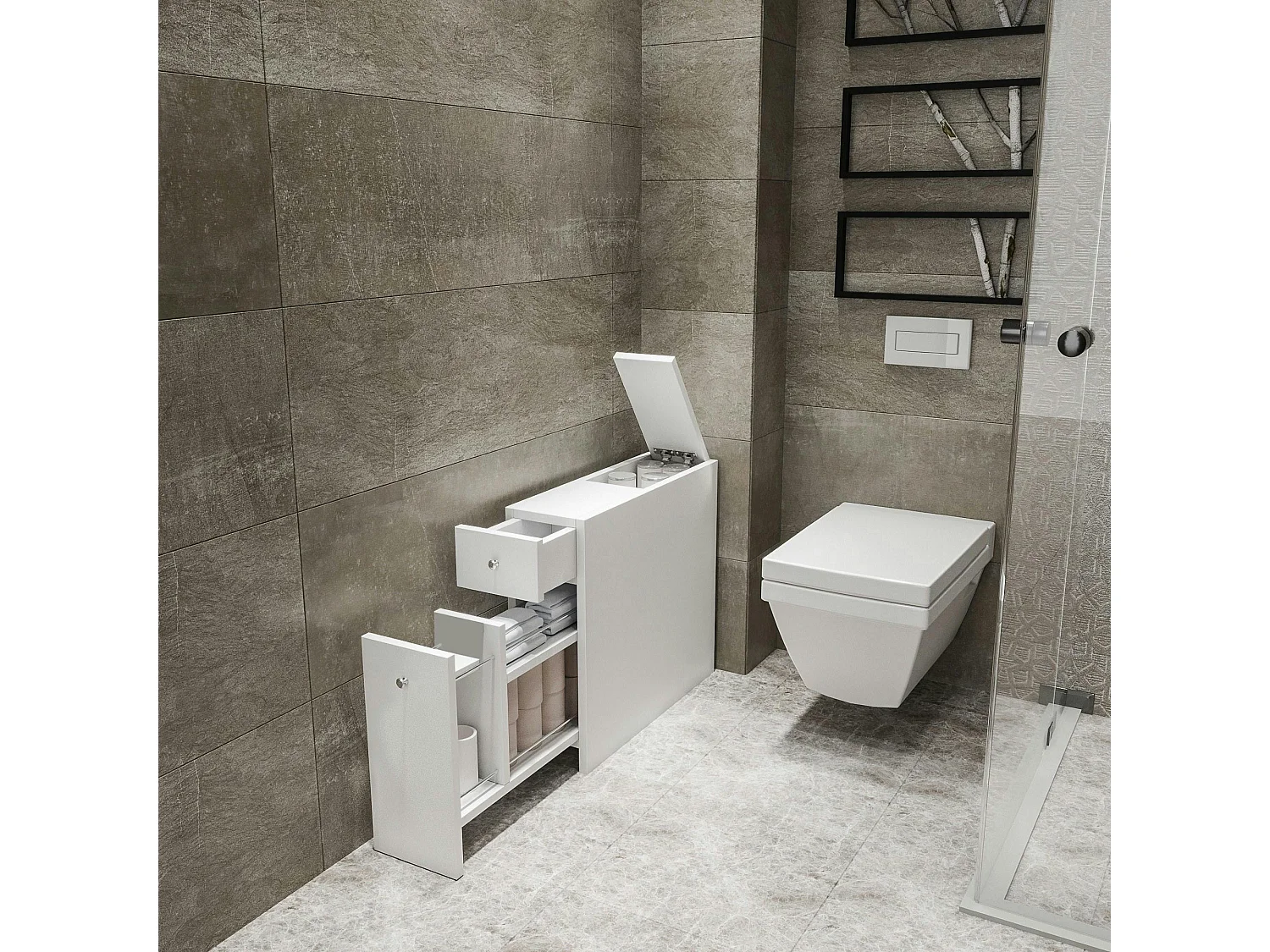 Meuble WC blanc, 2 tiroirs rangement 1 porte MARFA