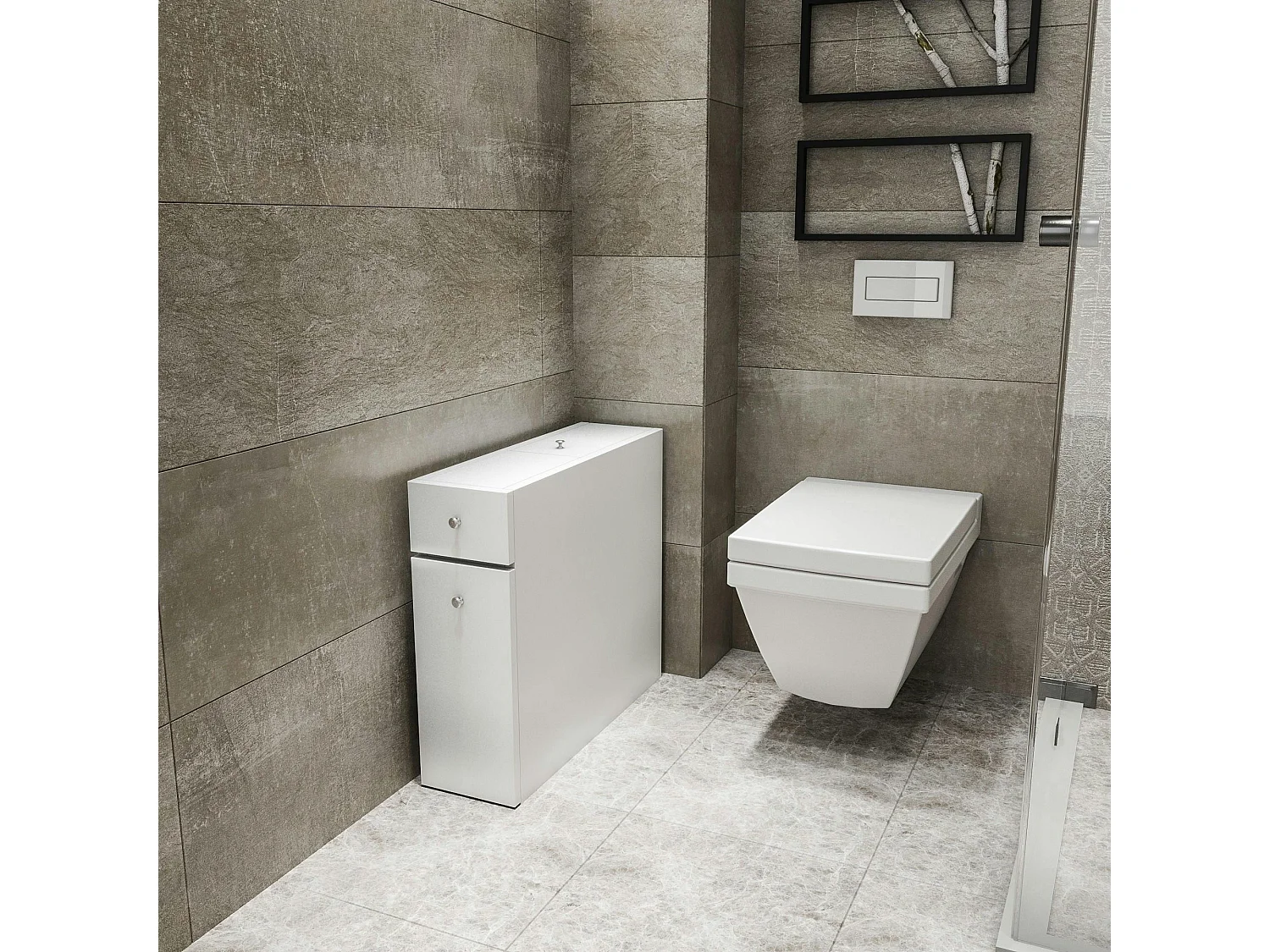 Meuble WC blanc, 2 tiroirs rangement 1 porte MARFA