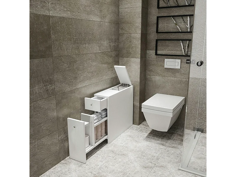 Meuble WC blanc, 2 tiroirs rangement 1 porte MARFA