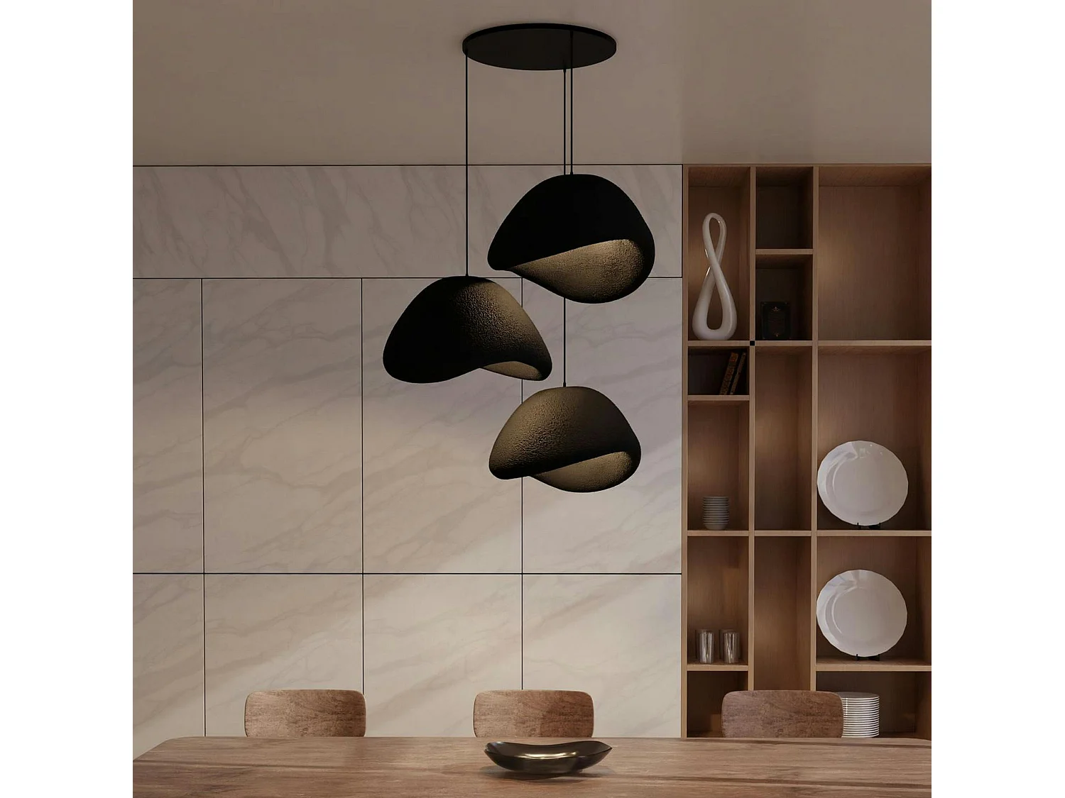 Suspension noire design 3 lampes wabi-sabi 90 cm NOXIS