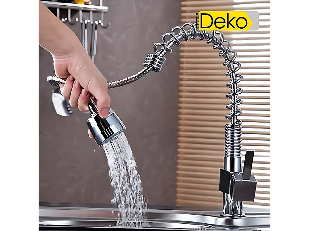 Robinet de cuisine à 2 jets avec douchette extractible flexible en laiton chromé