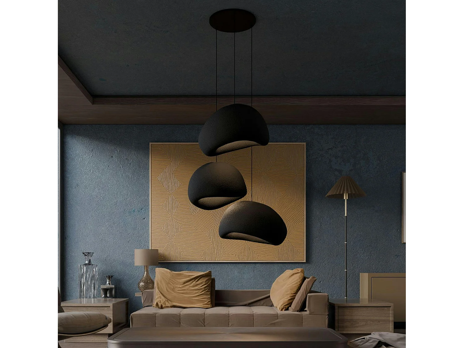 Suspension salon design noire 3 abat-jour 80 cm NOXIS