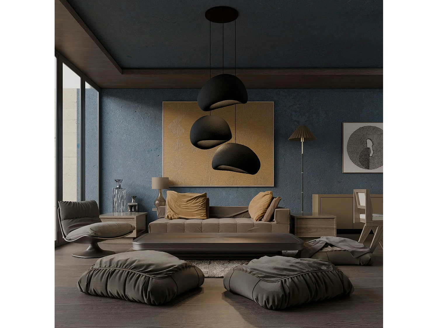 Suspension salon design noire 3 abat-jour 80 cm NOXIS