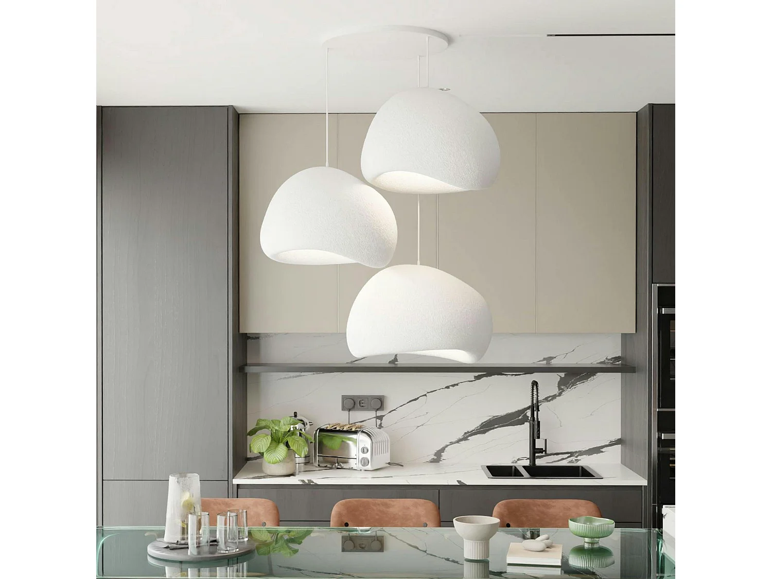 Suspension blanche design 3 abat-jour organiques 42 cm NOXIS