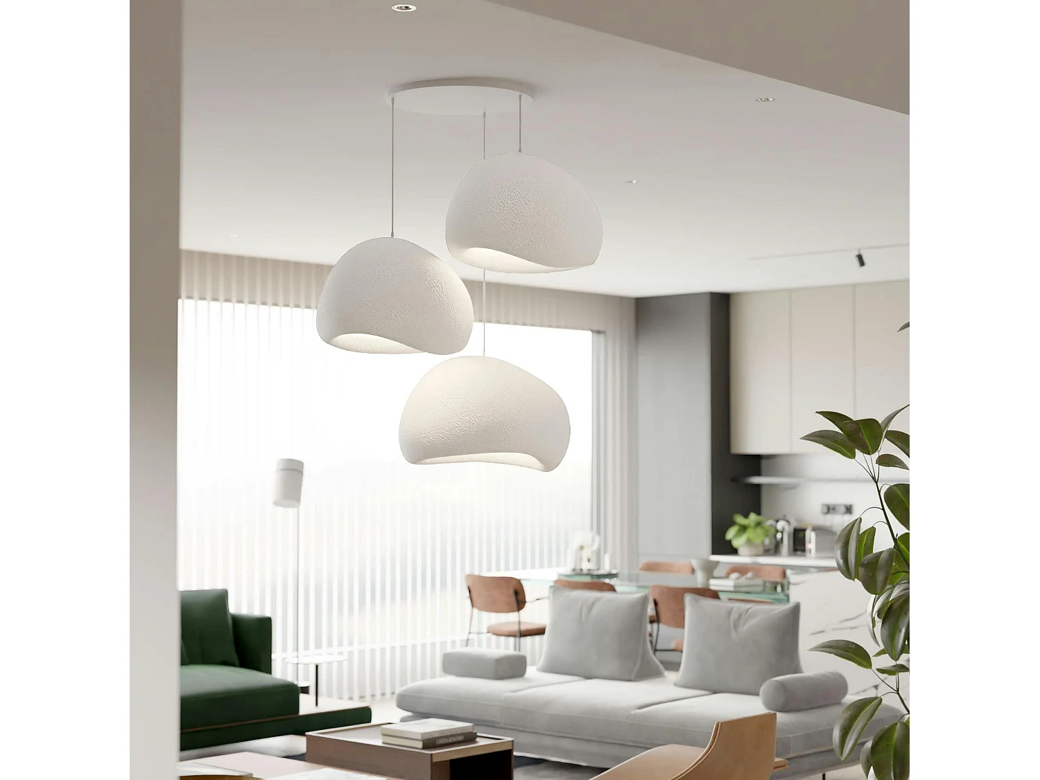 Suspension blanche design 3 abat-jour organiques 42 cm NOXIS