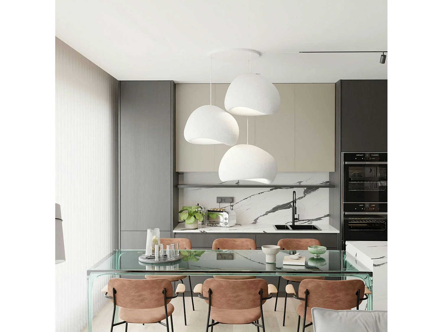 Suspension blanche design 3 abat-jour organiques 42 cm NOXIS