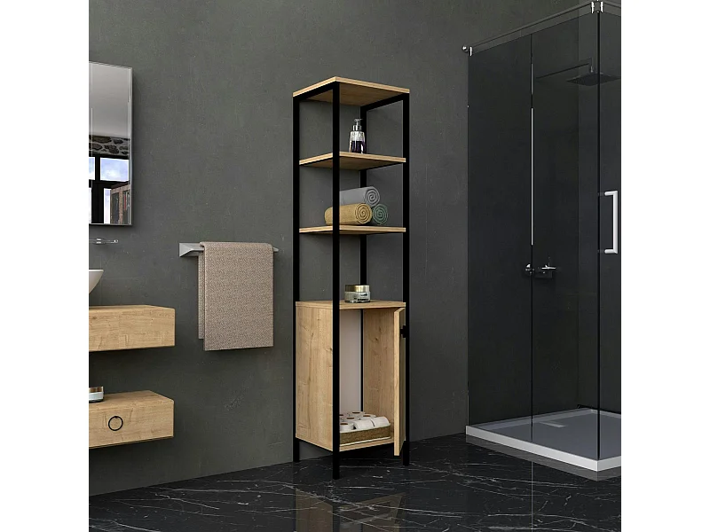 Colonne salle de bains effet chêne 1 porte 3 étagères JENA