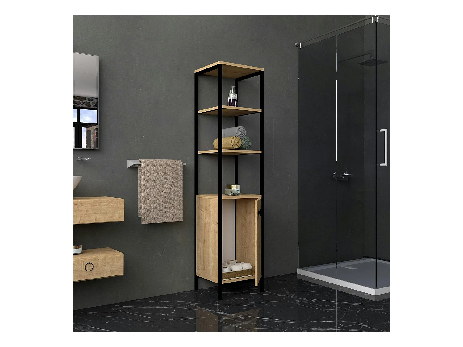 Colonne salle de bains effet chêne 1 porte 3 étagères JENA