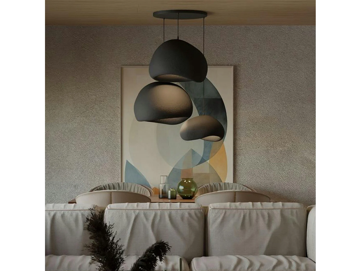 Suspension noire moderne 3 abat-jour organiques 76 cm NOXIS