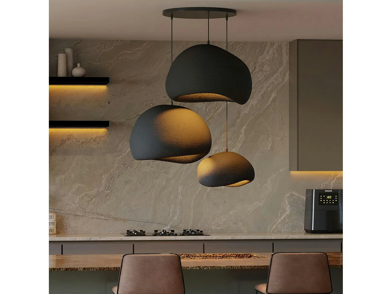 Suspension noire moderne 3 abat-jour organiques 76 cm NOXIS