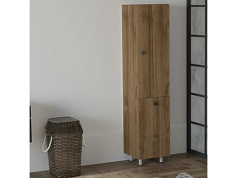 Colonne salle de bains effet noyer, porte & panier linge MARFA