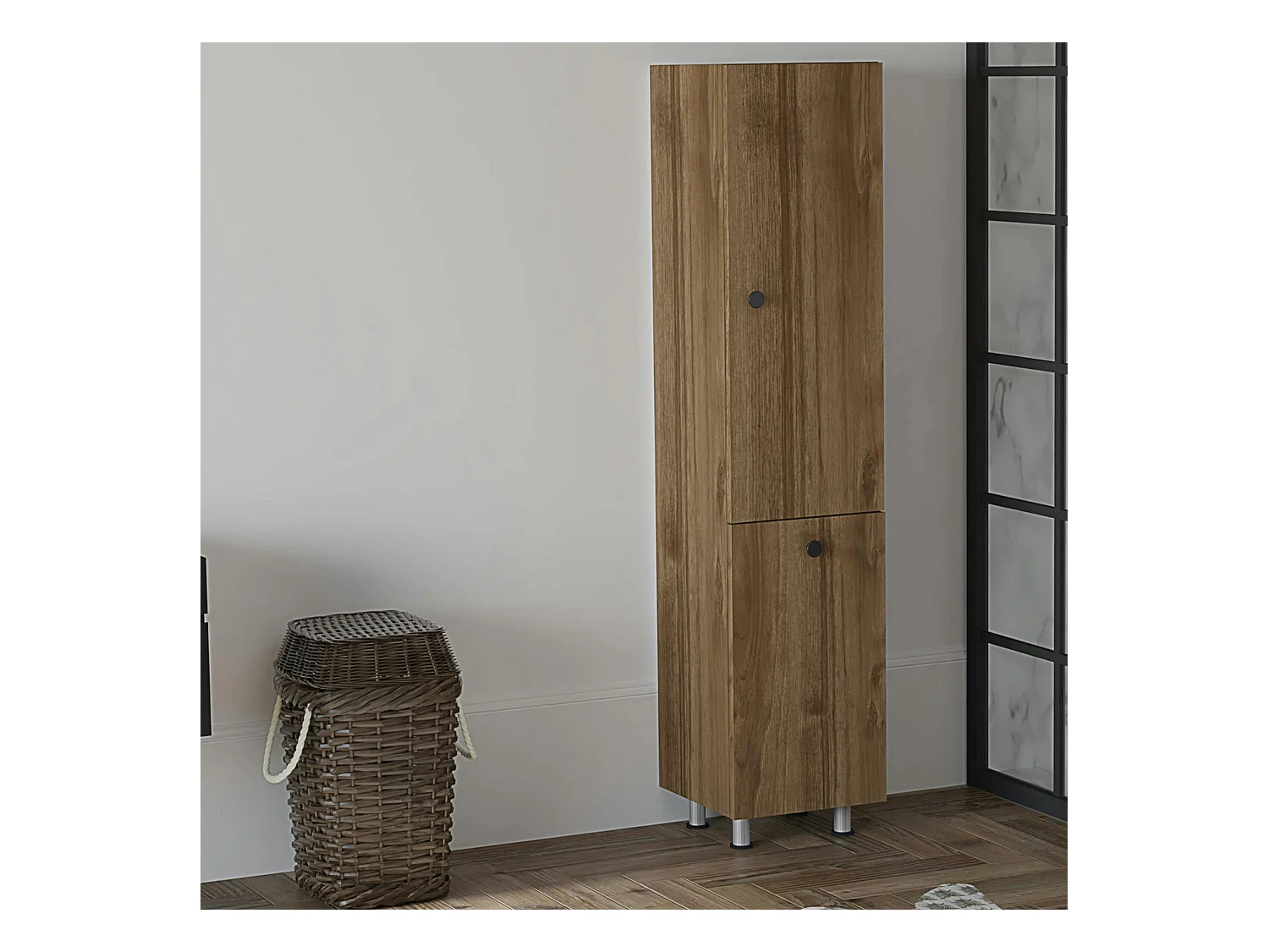 Colonne salle de bains effet noyer, porte & panier linge MARFA