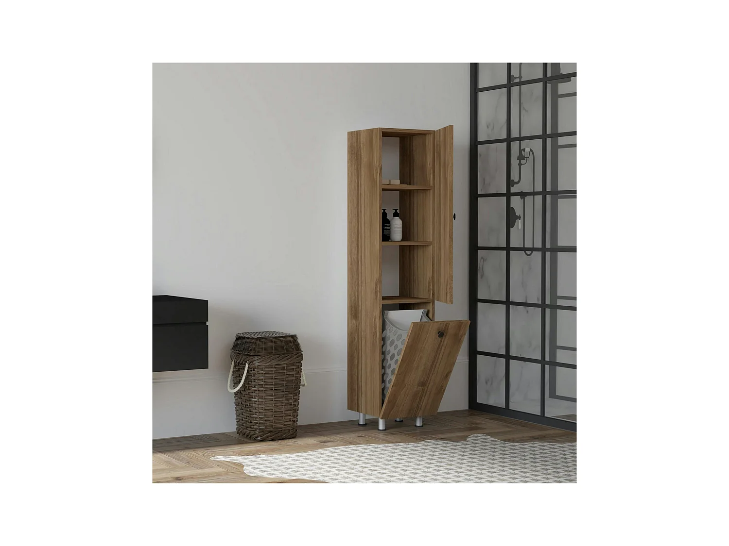 Colonne salle de bains effet noyer, porte & panier linge MARFA