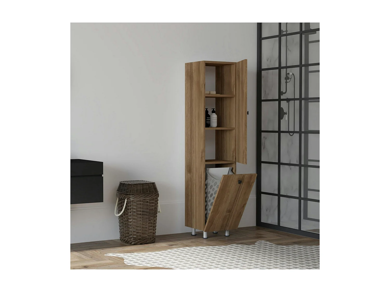 Colonne salle de bains effet noyer, porte & panier linge MARFA