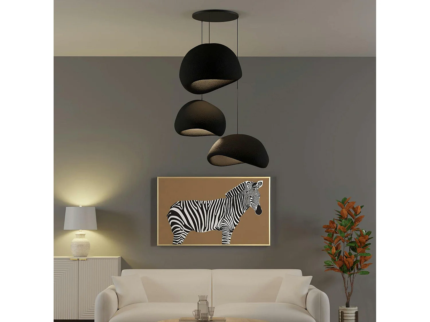 Suspension noire moderne 3 abat-jour organiques 85 cm NOXIS