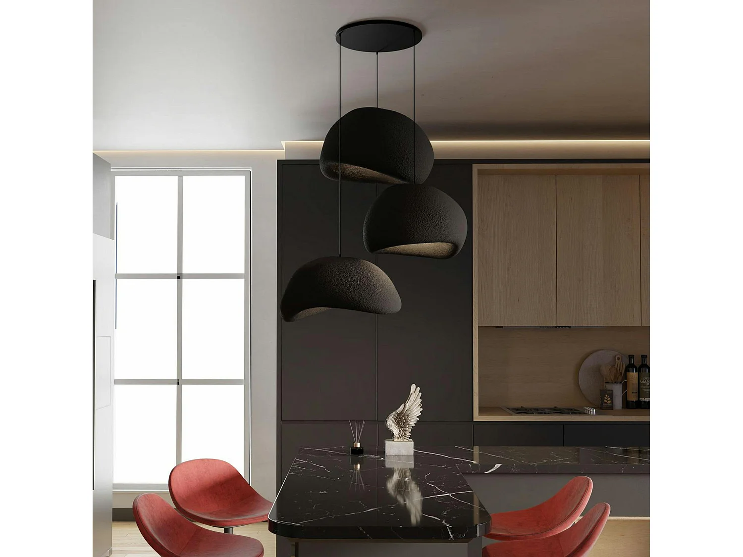 Suspension noire moderne 3 abat-jour organiques 85 cm NOXIS