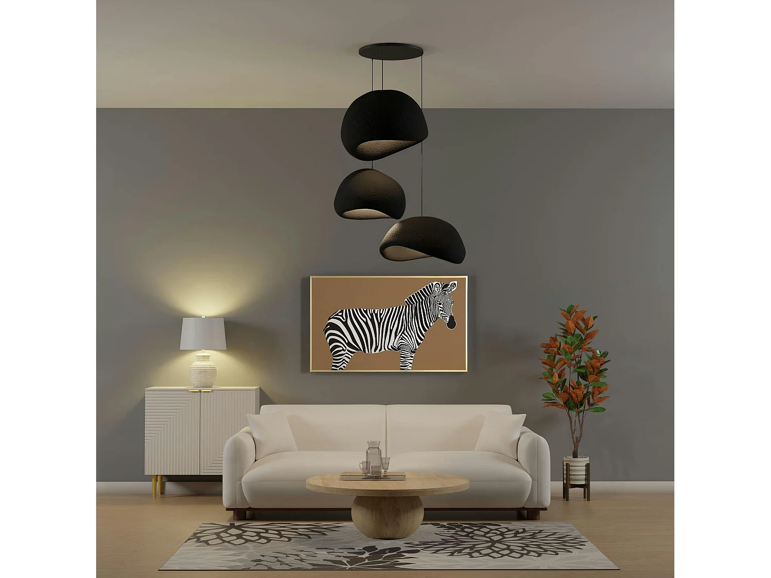 Suspension noire moderne 3 abat-jour organiques 85 cm NOXIS