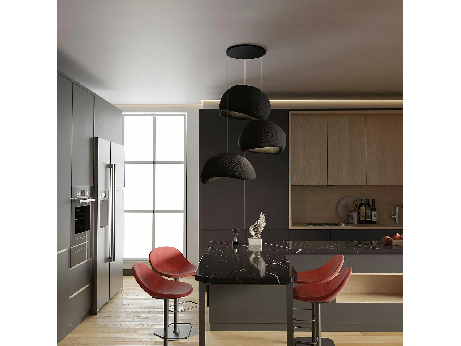 Suspension noire moderne 3 abat-jour organiques 85 cm NOXIS