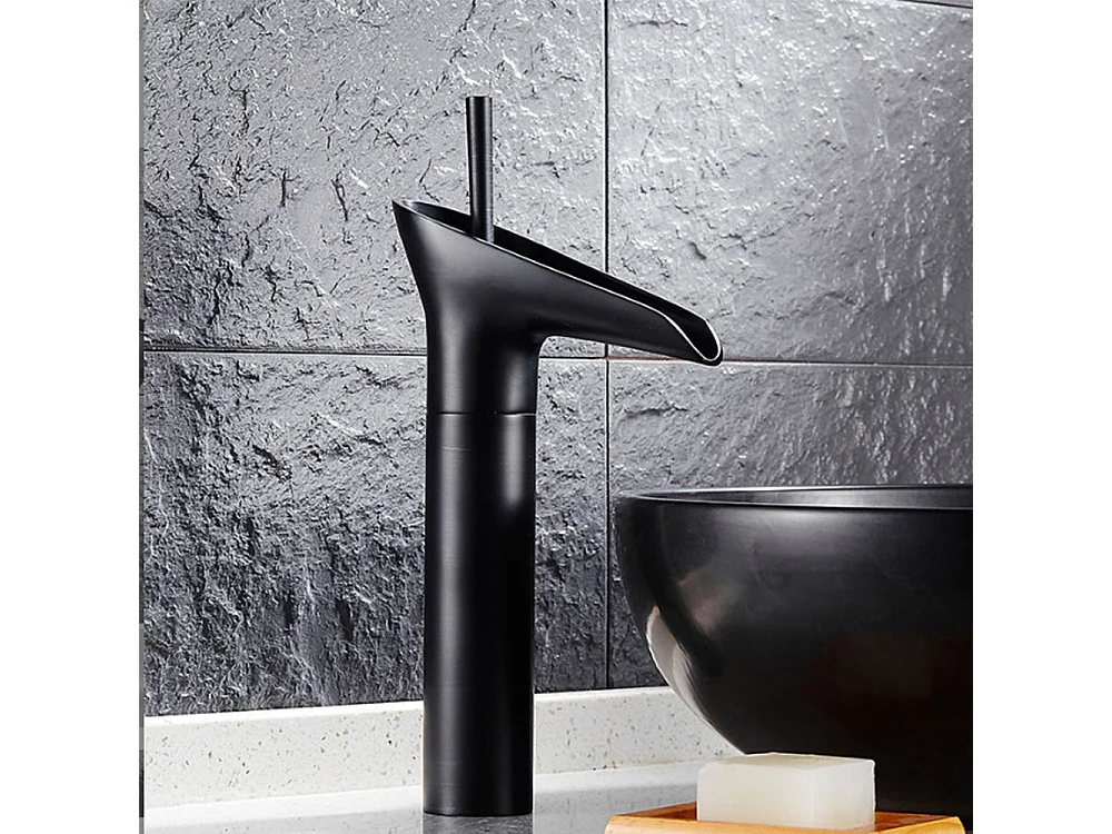 Robinet salle de bain Robinet de lavabo cascade vintage en laiton noir pour vasque à poser, avec flexible