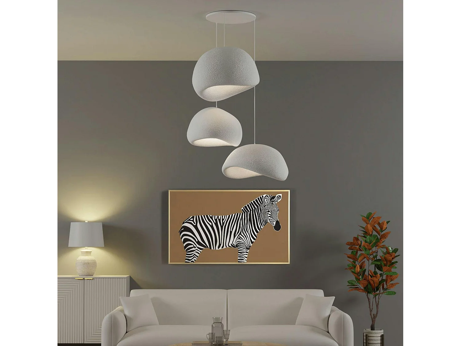 Suspension blanche moderne 3 abat-jour organiques 85 cm NOXIS