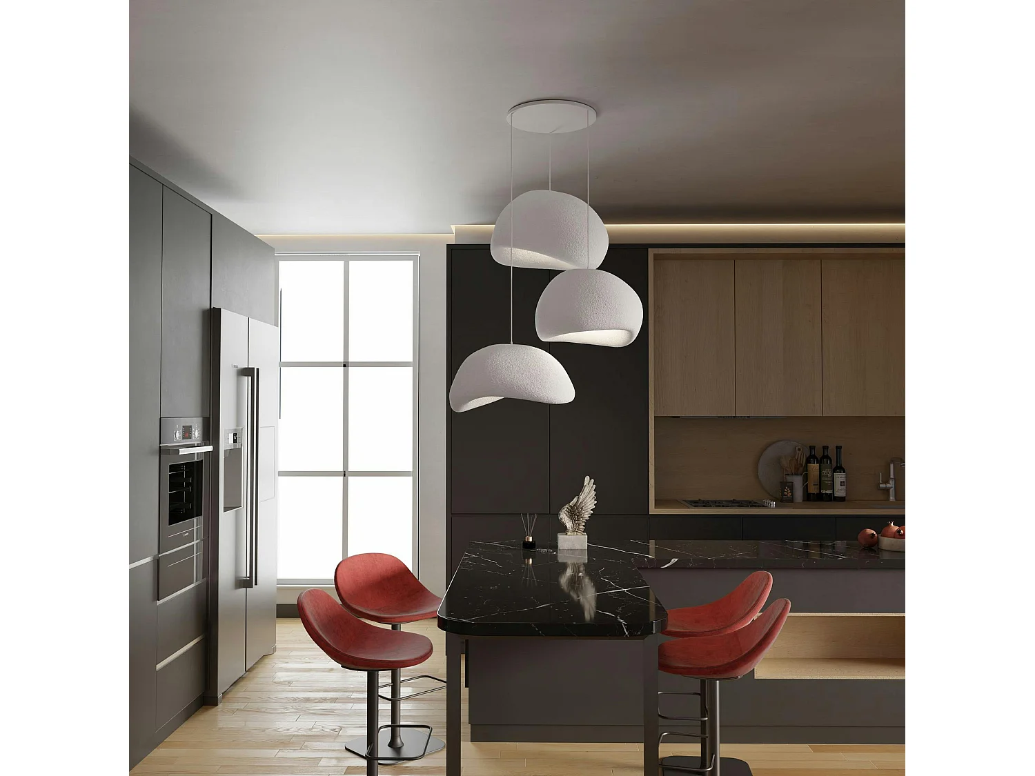 Suspension blanche moderne 3 abat-jour organiques 85 cm NOXIS