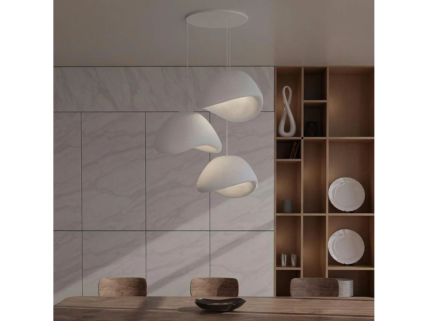 Suspension blanche design 3 lampes wabi-sabi 90 cm NOXIS