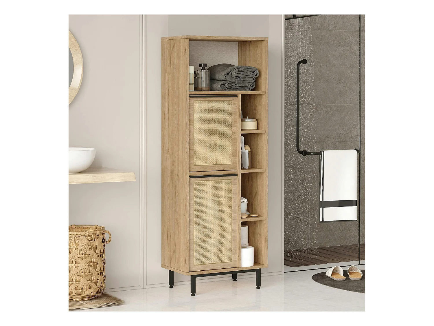 Colonne salle de bains effet bois clair 2 portes cannage JENA