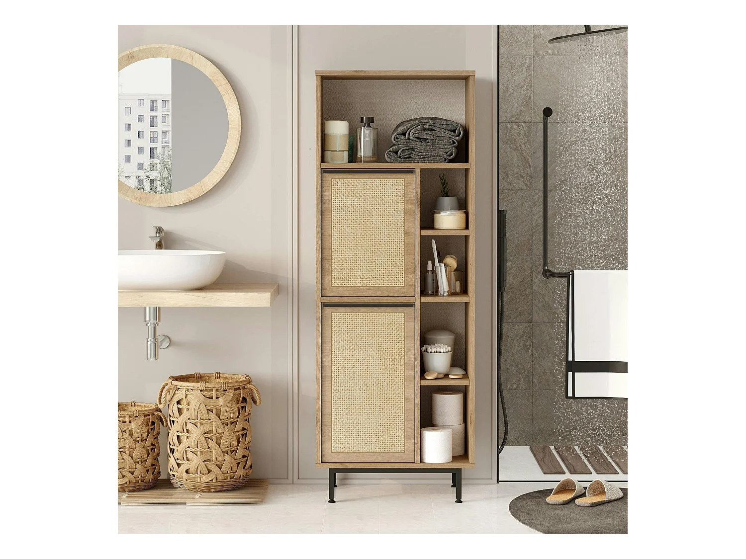 Colonne salle de bains effet bois clair 2 portes cannage JENA