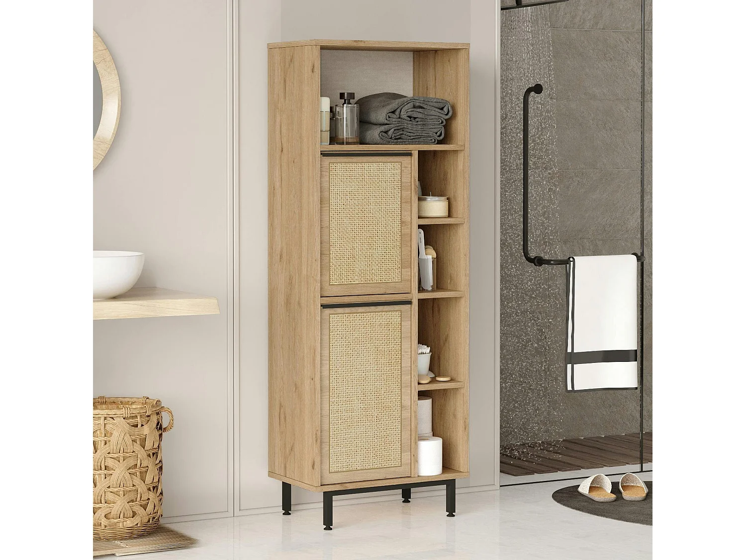 Colonne salle de bains effet bois clair 2 portes cannage JENA