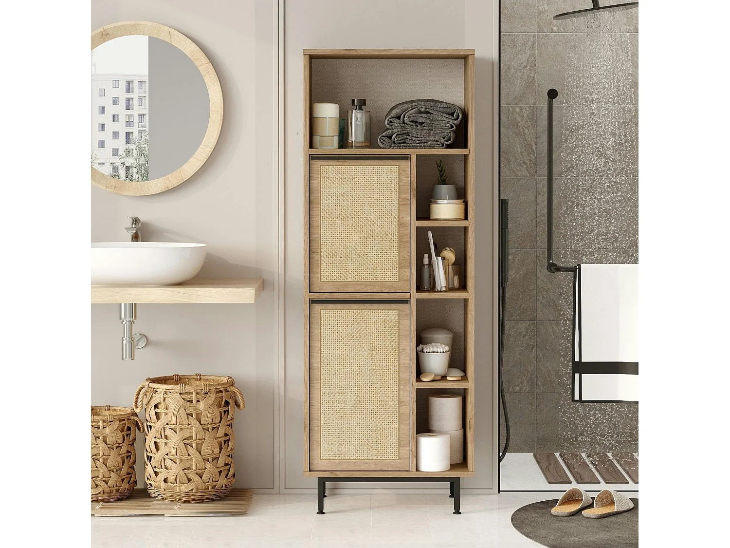 Colonne salle de bains effet bois clair 2 portes cannage JENA