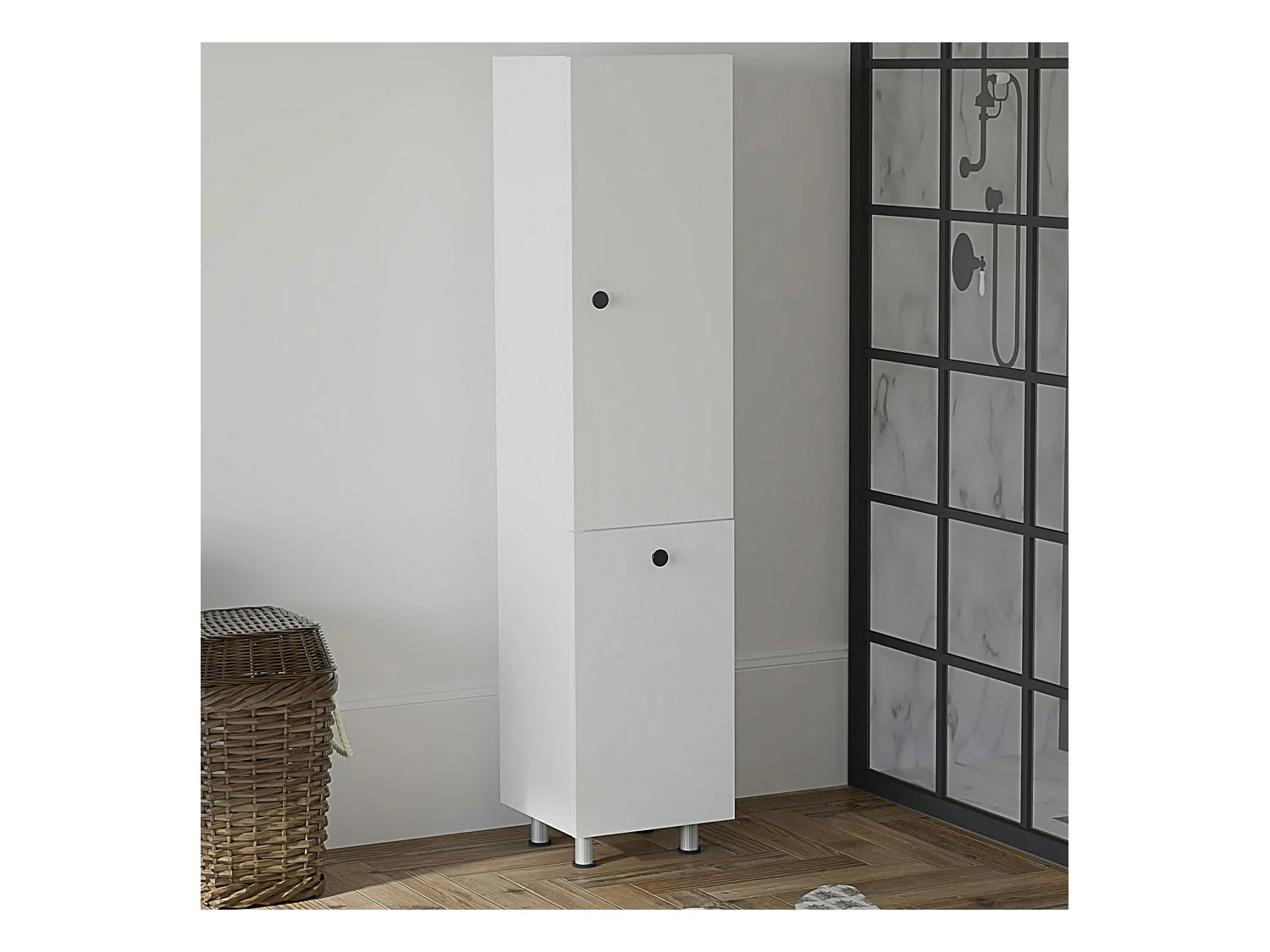 Colonne salle de bains blanche, porte & panier linge MARFA