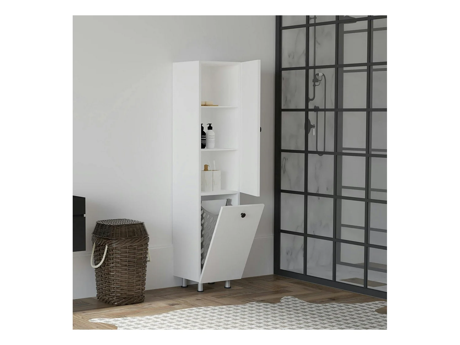 Colonne salle de bains blanche, porte & panier linge MARFA