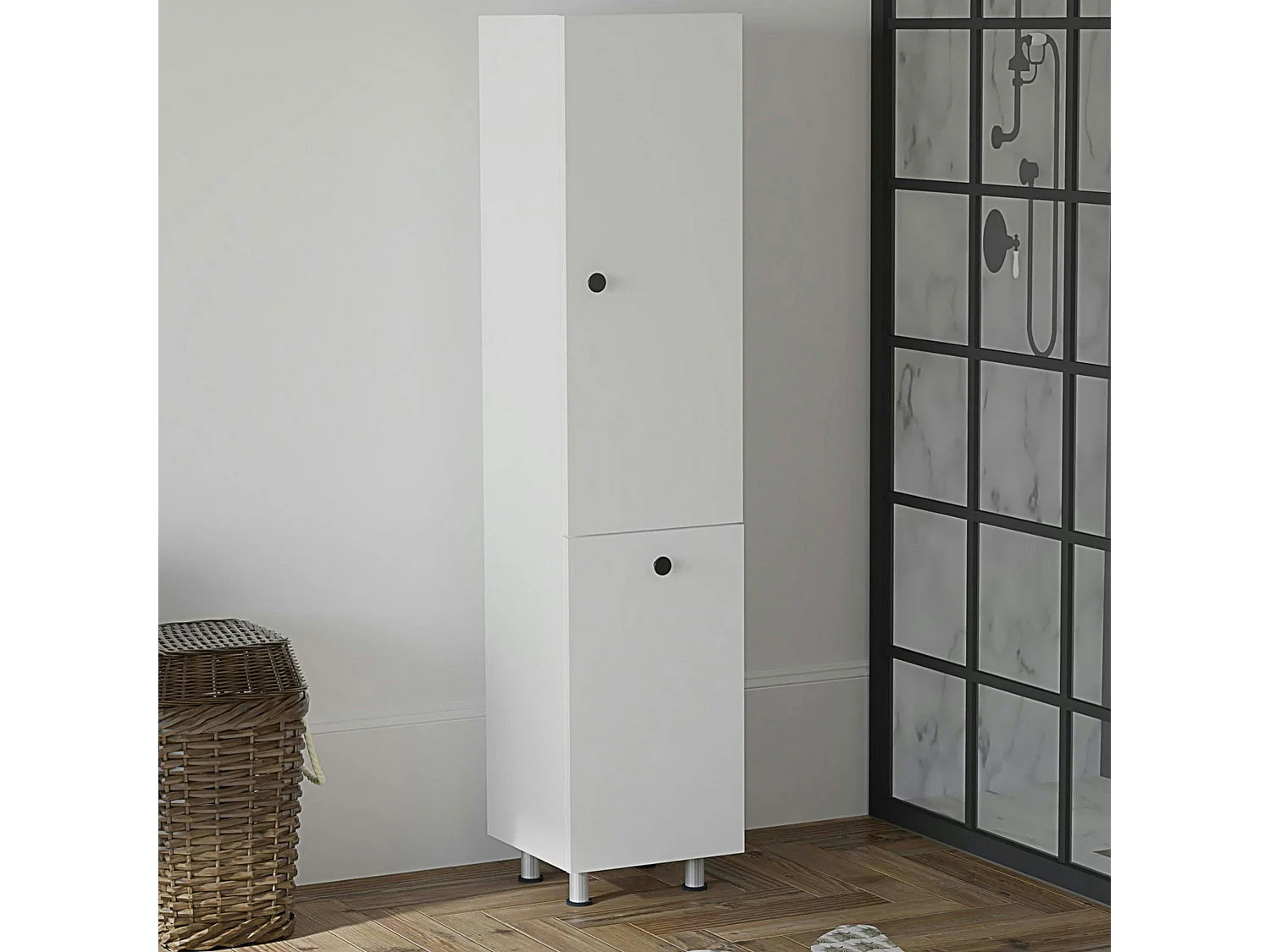 Colonne salle de bains blanche, porte & panier linge MARFA