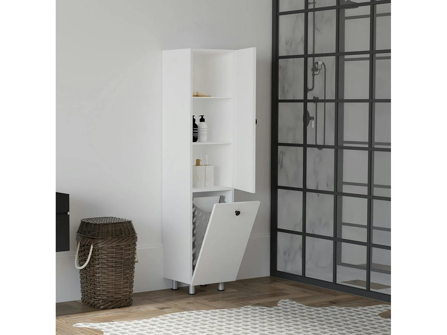Colonne salle de bains blanche, porte & panier linge MARFA