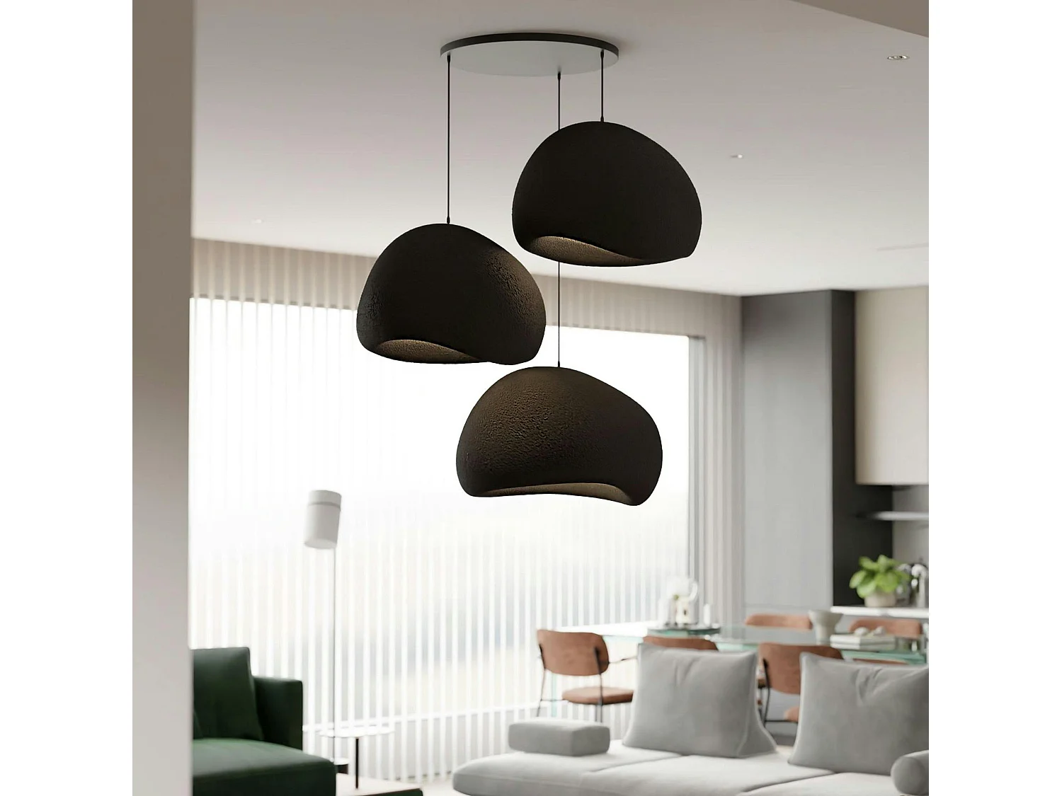 Suspension noire design 3 abat-jour organiques 42 cm NOXIS