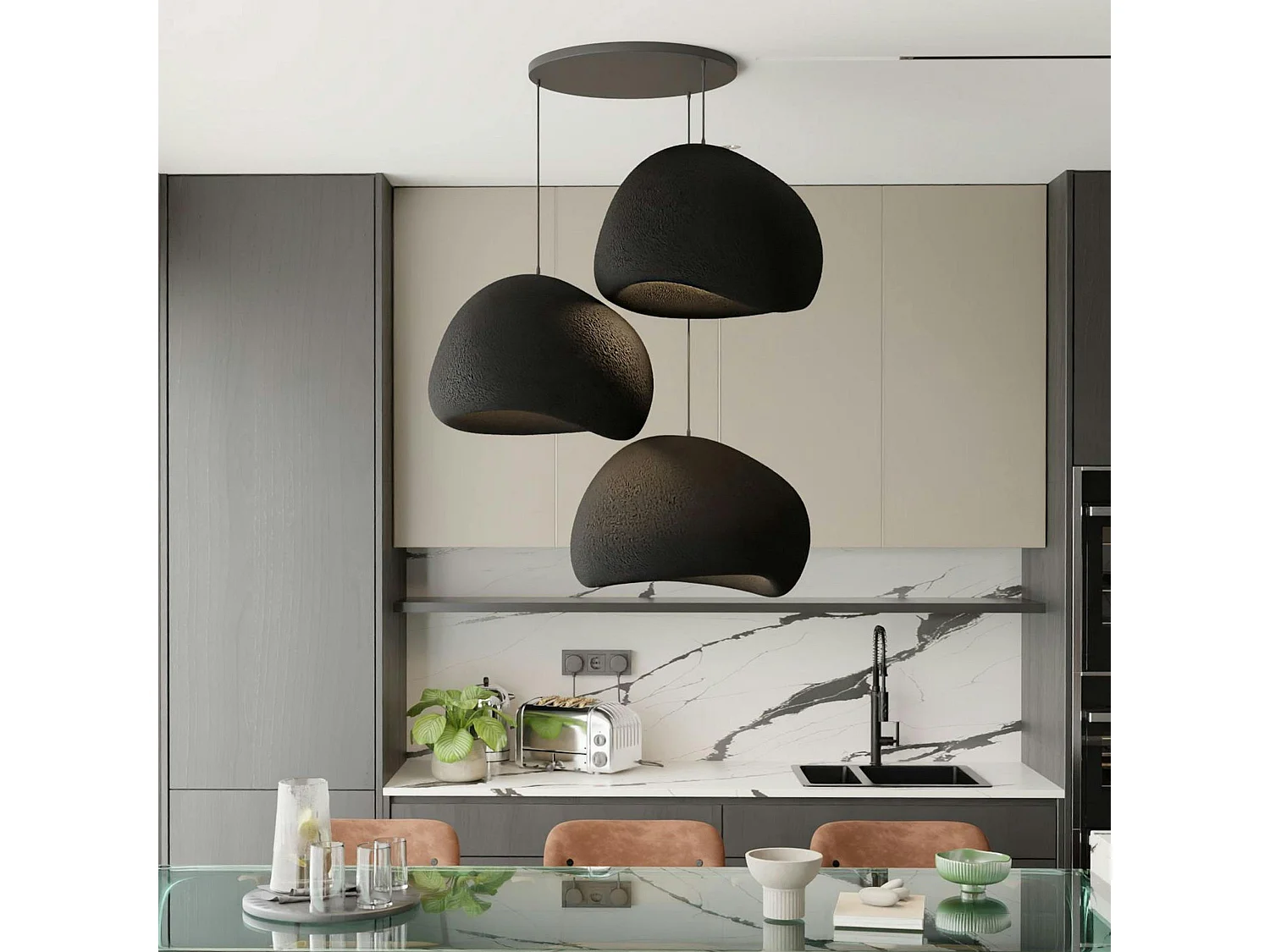 Suspension noire design 3 abat-jour organiques 42 cm NOXIS