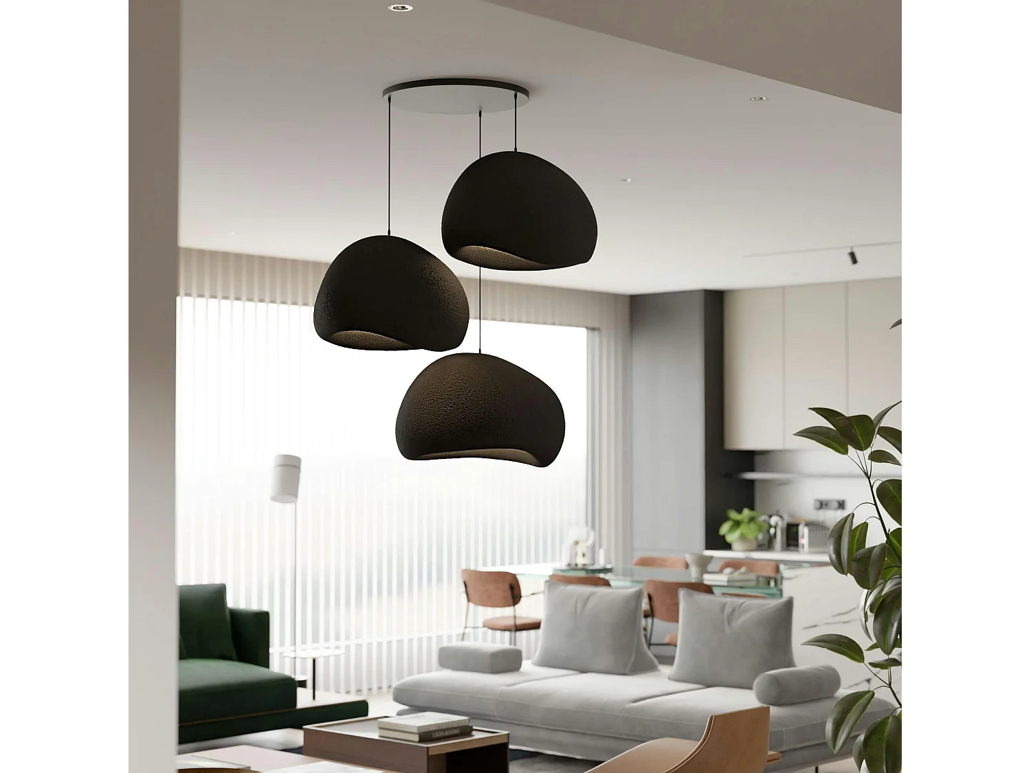 Suspension noire design 3 abat-jour organiques 42 cm NOXIS