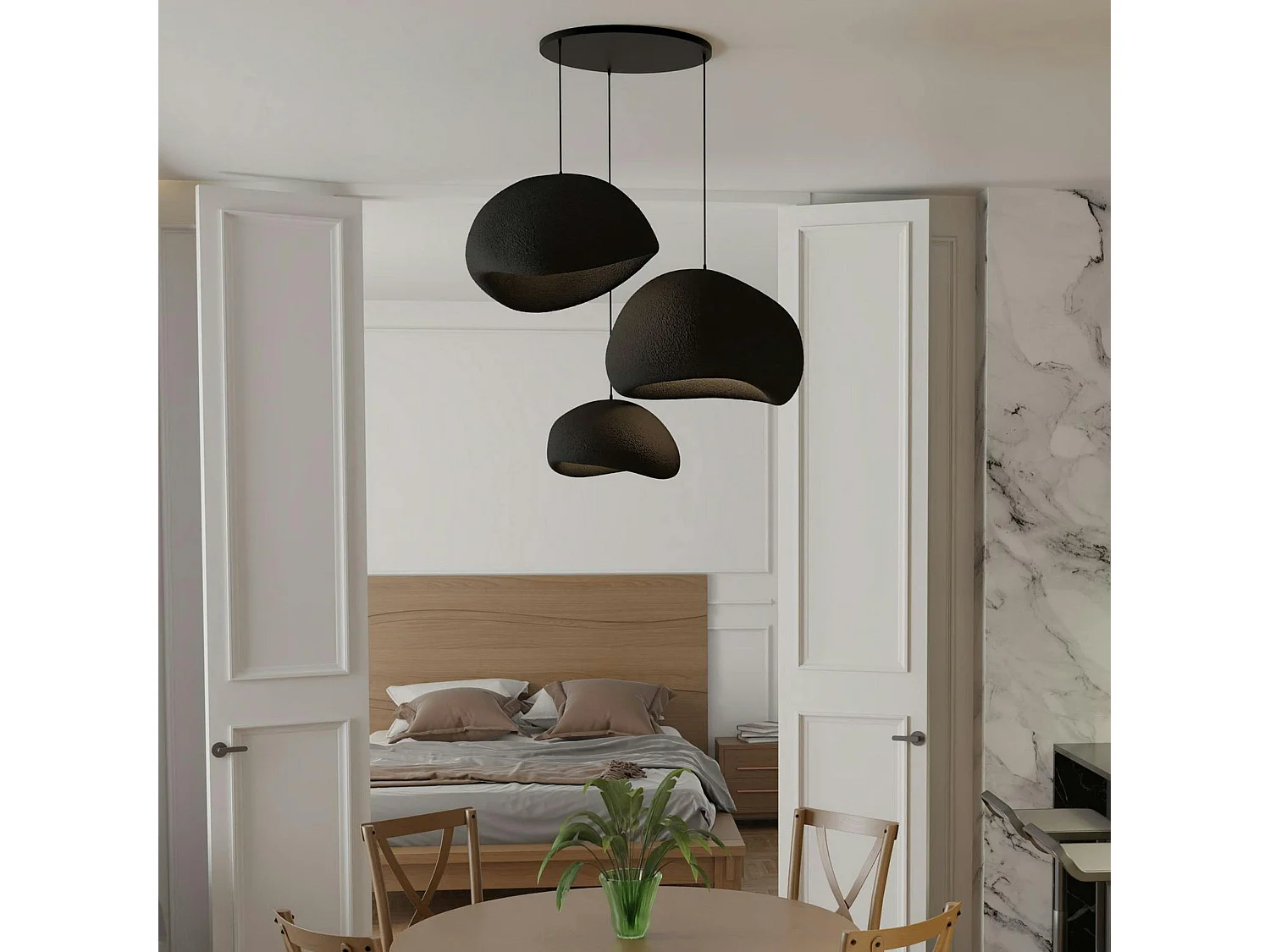 Suspension noire design organique 3 abat-jour H.28 cm NOXIS