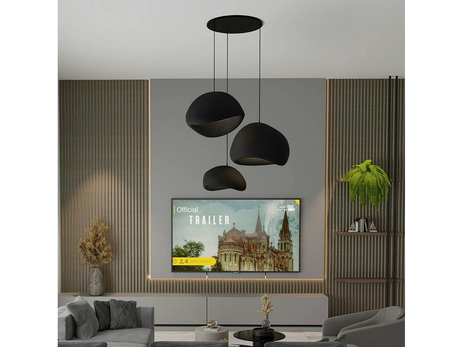 Suspension noire design organique 3 abat-jour H.28 cm NOXIS