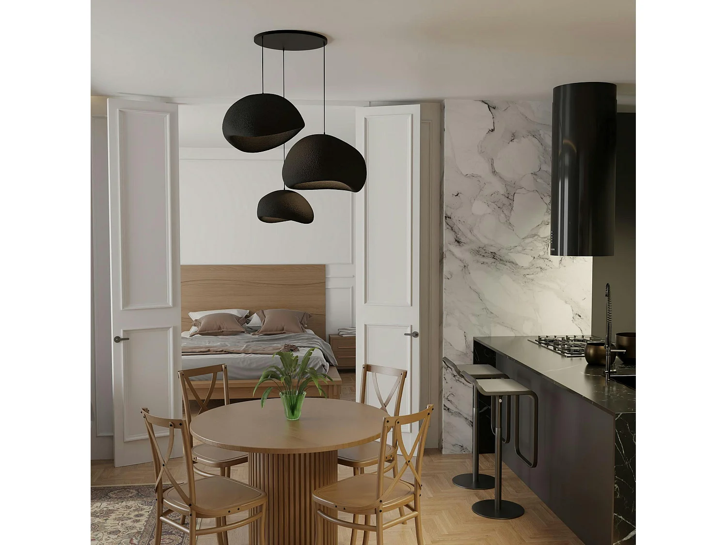 Suspension noire design organique 3 abat-jour H.28 cm NOXIS