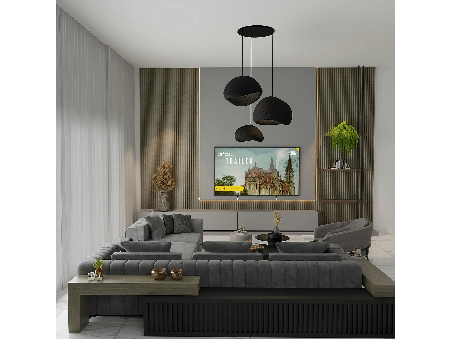 Suspension noire design organique 3 abat-jour H.28 cm NOXIS