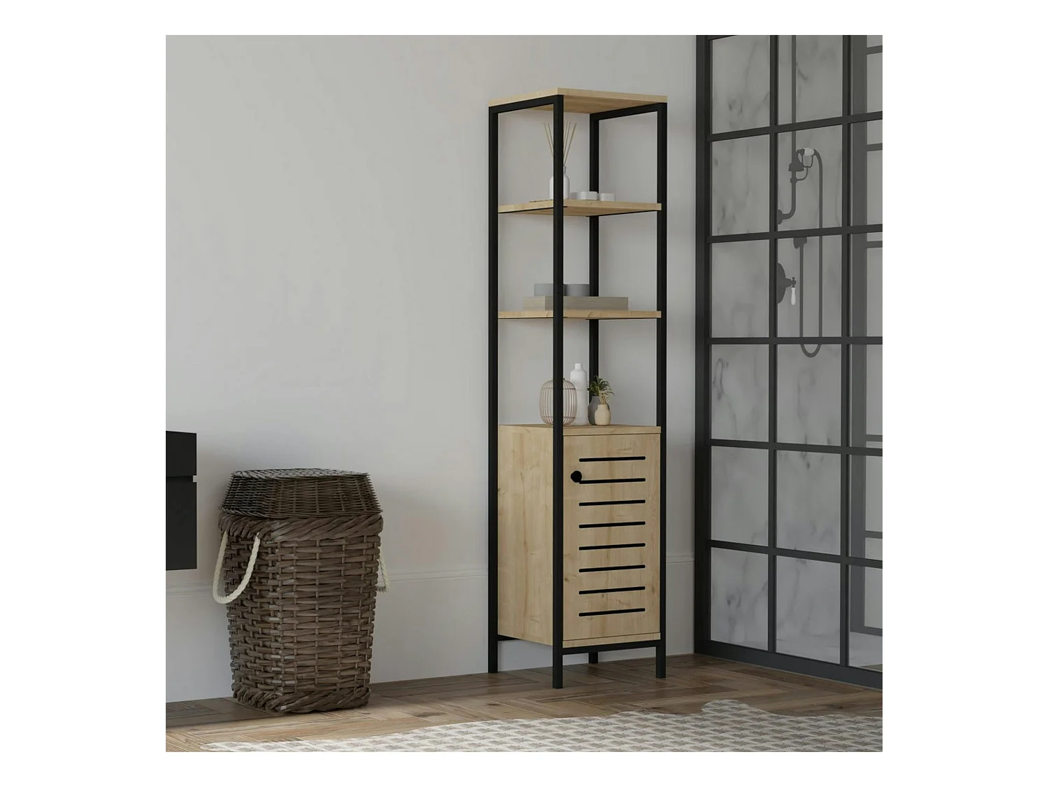 Colonne salle de bains effet chêne, rangements mixtes JENA