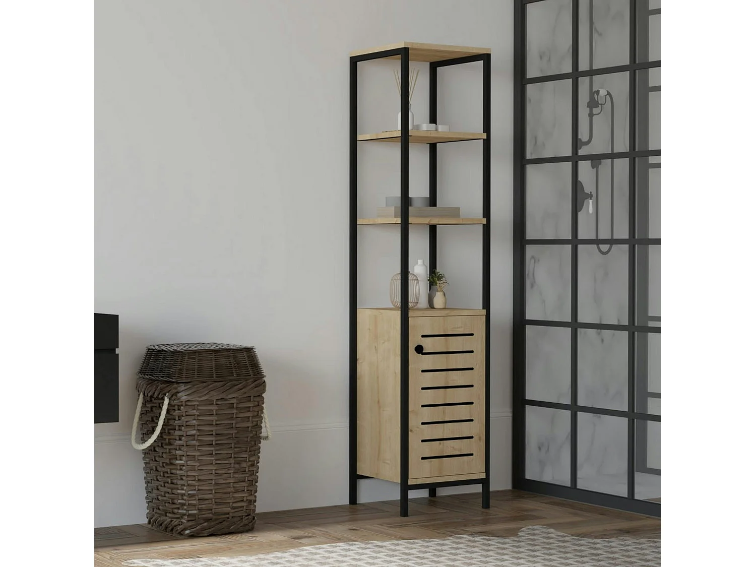 Colonne salle de bains effet chêne, rangements mixtes JENA