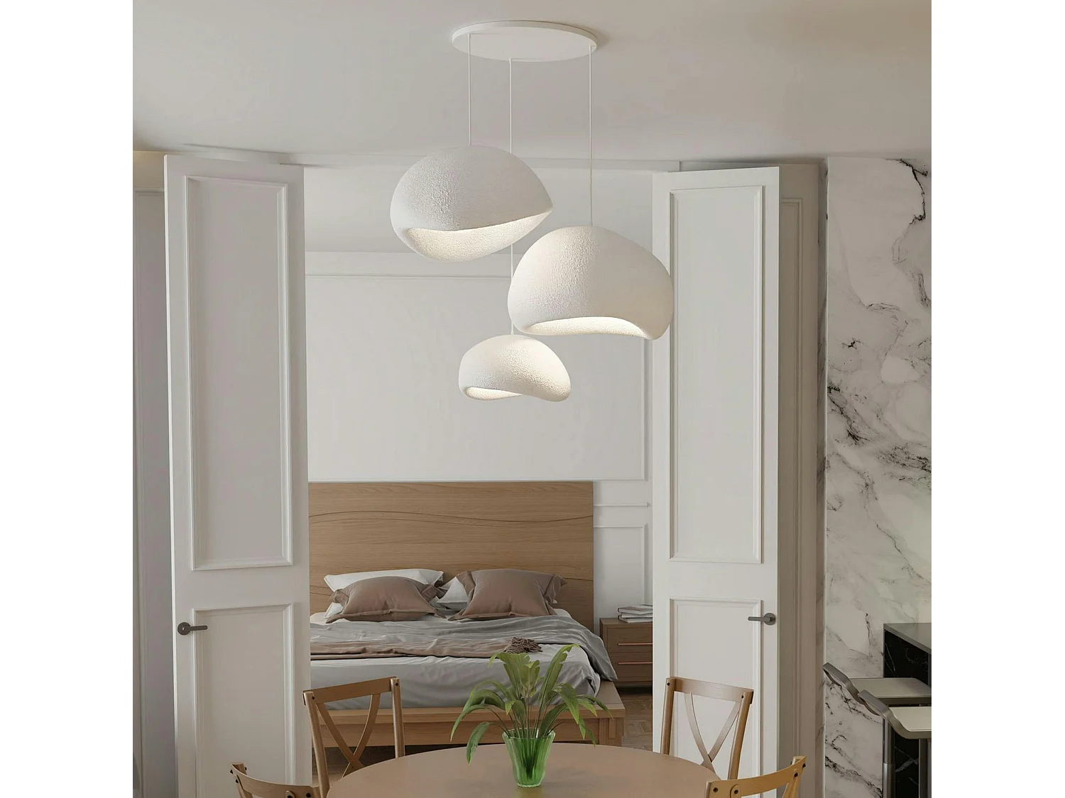 Suspension blanche design organique 3 abat-jour H.28 cm NOXIS