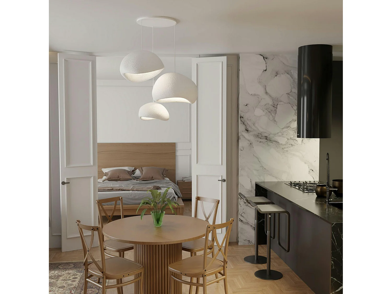 Suspension blanche design organique 3 abat-jour H.28 cm NOXIS