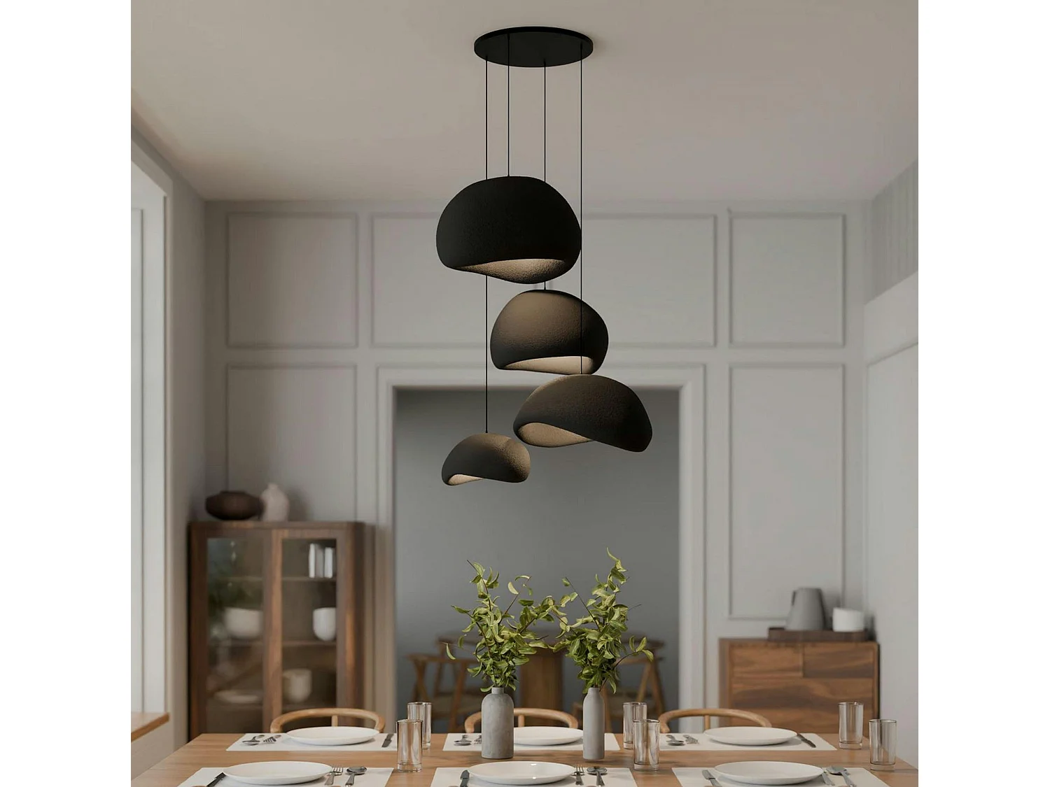 Suspension design noire 4 abat-jour organiques NOXIS