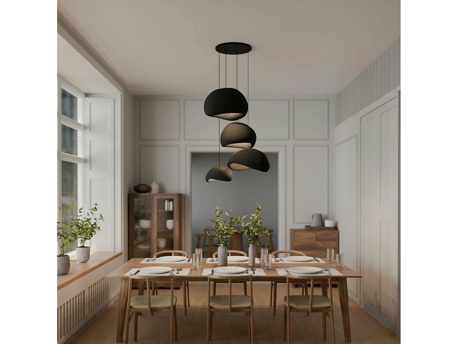 Suspension design noire 4 abat-jour organiques NOXIS